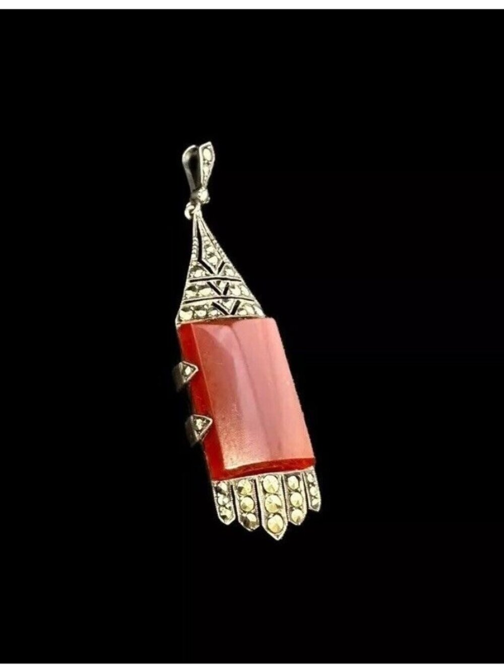 Art Deco Germany Sterling Silver Carnelian Marcasite Pendant Dangle Vintage